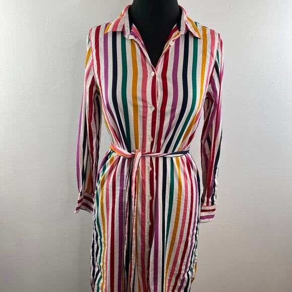 J. Crew Rainbow Striped Shirt Dress Belted Cotton Long Sleeves Knee Length Sz XS - Picture 6 of 12